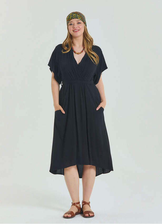 V Neck Pleated Detailed Black Casual Plus Size Dress 4606
